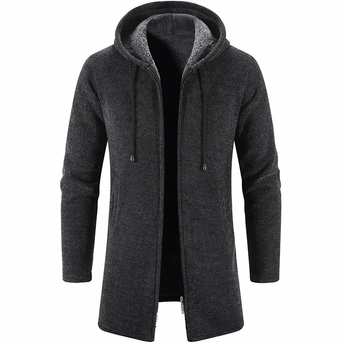 Men’s Textured Hooded Long Jacket – Streamlined Zip-Up Layer for Casual Winter Wear