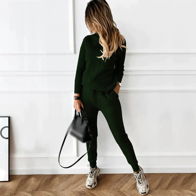 Damen-Rollkragen-Zweiteiler aus Rippstrick – Warmer, langärmeliger Pullover und lässige Hose mit Kordelzug für den Alltag im Herbst und Winter