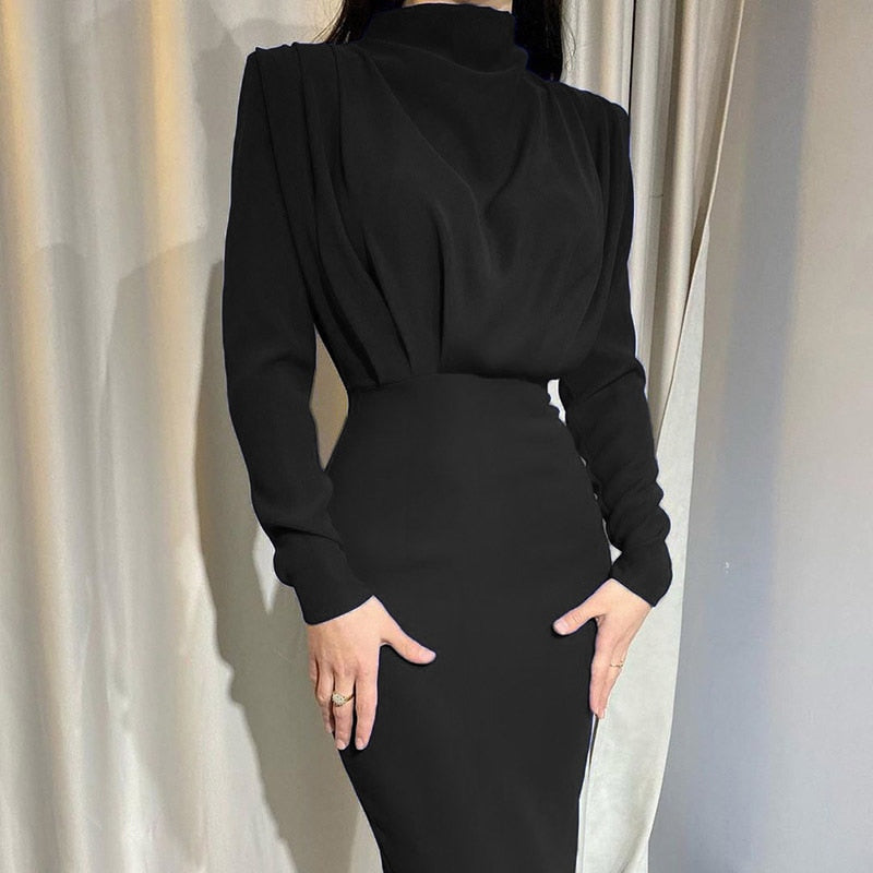 Women’s Maxi Dress Sculpted Bodycon High Neck Long Sleeve