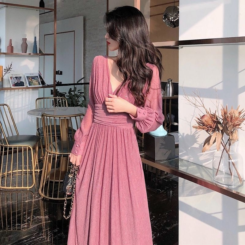 Women’s Glitter Evening Dress Long Sleeve Flowing Maxi Fit