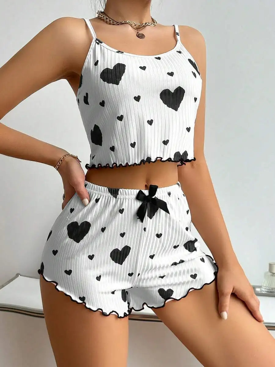 Damescamisole met hartjesprint en ribstructuur en short - Leuke cropped tweedelige loungewear voor de zomer en dagelijks comfort