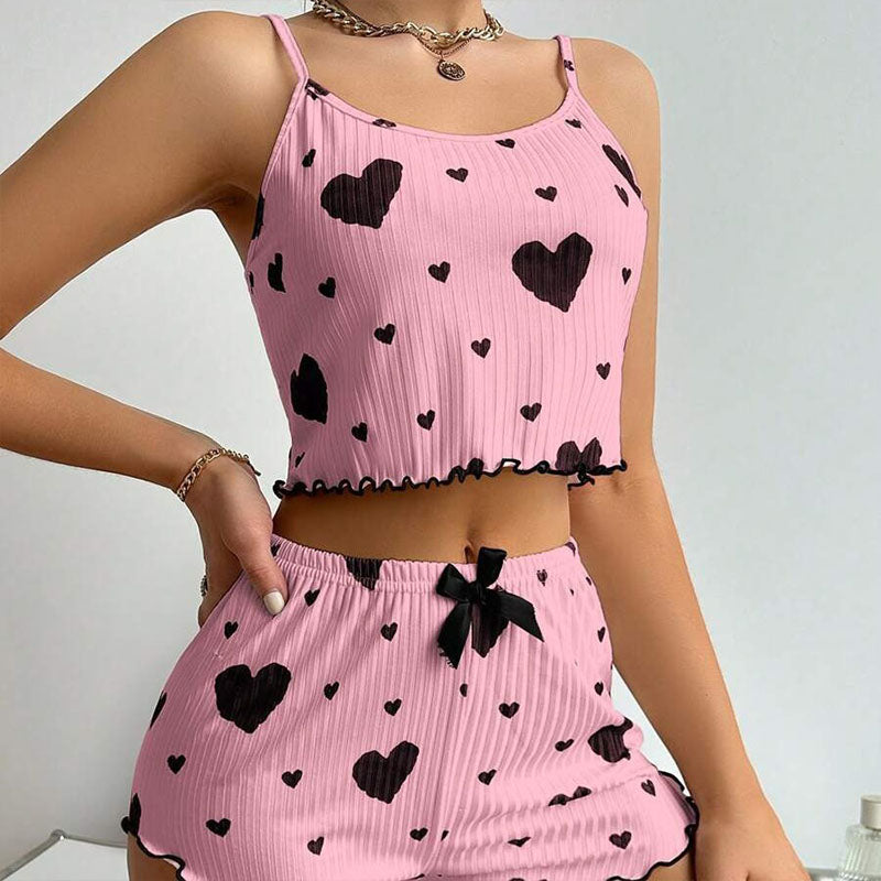 Damescamisole met hartjesprint en ribstructuur en short - Leuke cropped tweedelige loungewear voor de zomer en dagelijks comfort