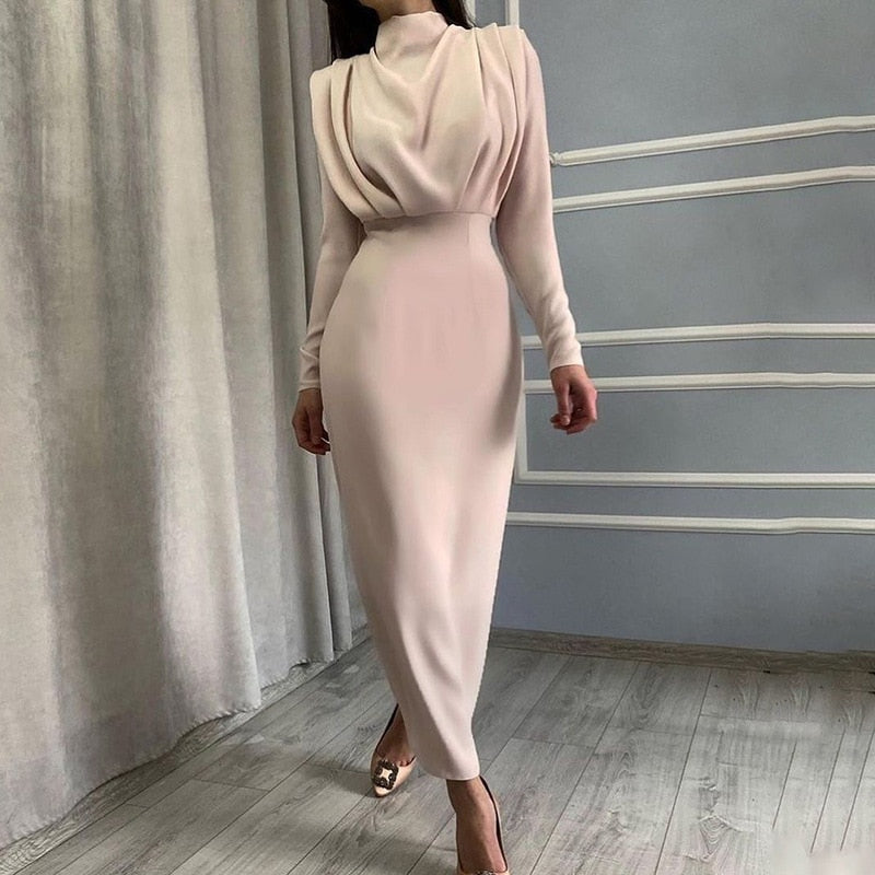 Women’s Maxi Dress Sculpted Bodycon High Neck Long Sleeve