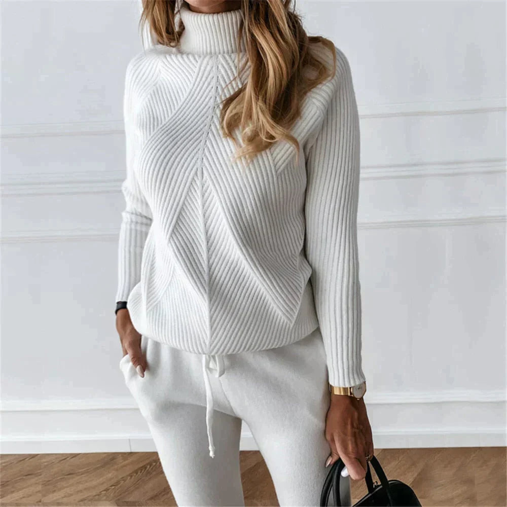 Ensemble tricoté deux pièces à col roulé côtelé pour femme - Pull chaud à manches longues et pantalon décontracté à cordon pour le quotidien en automne et en hiver