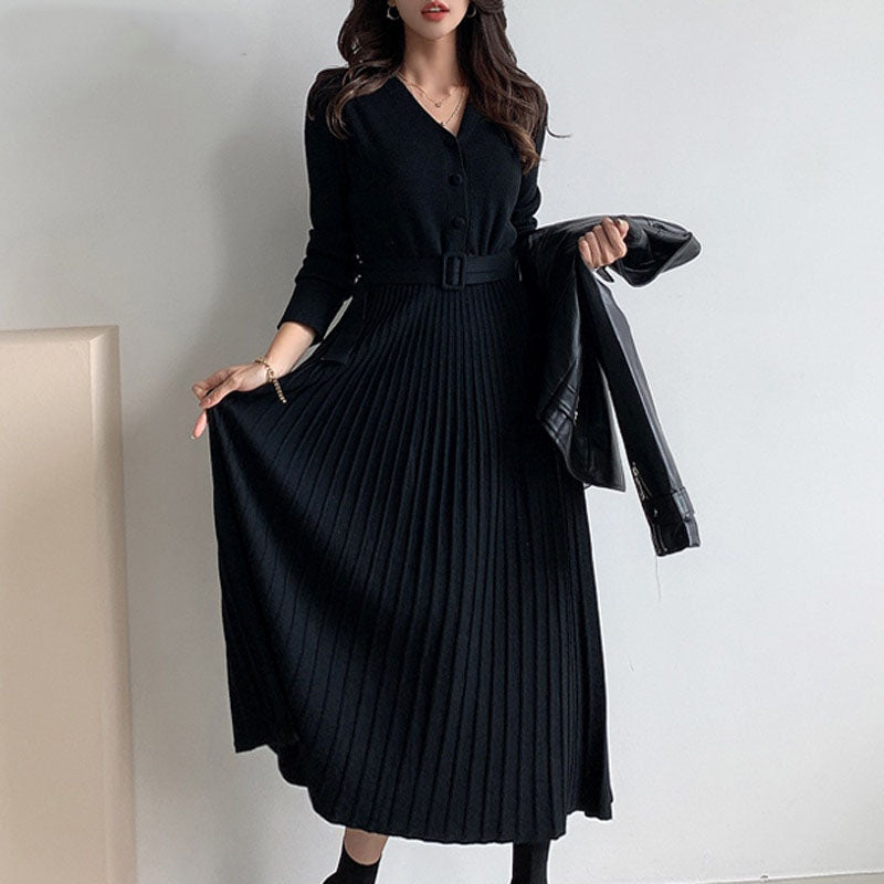 Vestido midi plisado de punto para mujer con cinturón: estilo refinado para primavera y otoño