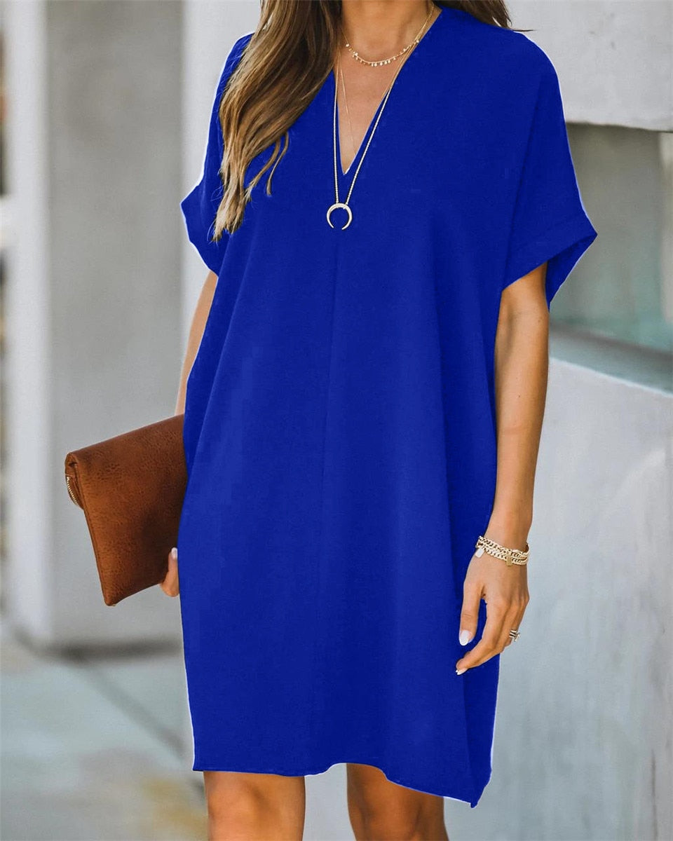Vestido túnica relajado para mujer con cuello en V, ajuste suelto y minimalista