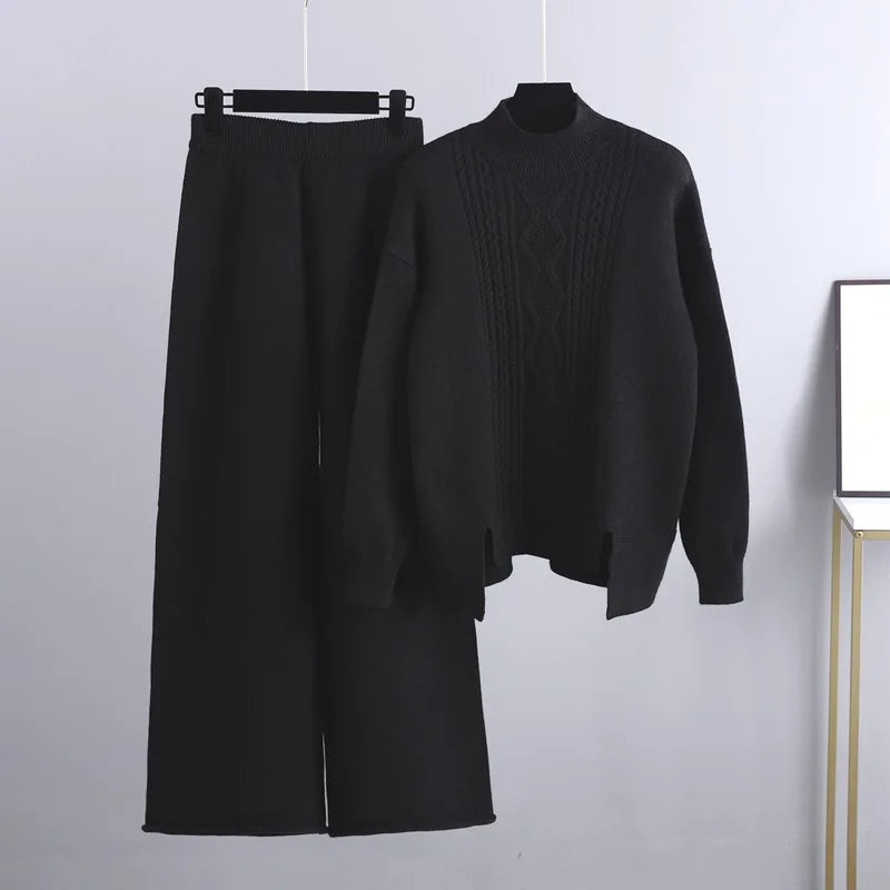 Women’s Cashmere Sweater and Wide-Leg Trouser Set – Warm Winter Loungewear