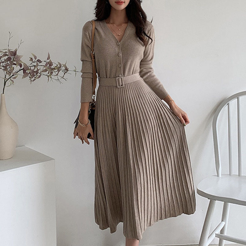 Vestido midi plisado de punto para mujer con cinturón: estilo refinado para primavera y otoño