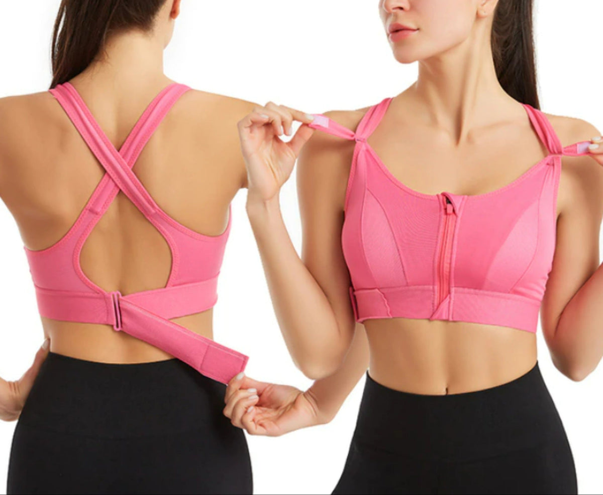 Women’s Sports Bra Cross Back Zip Front High Support Fit
