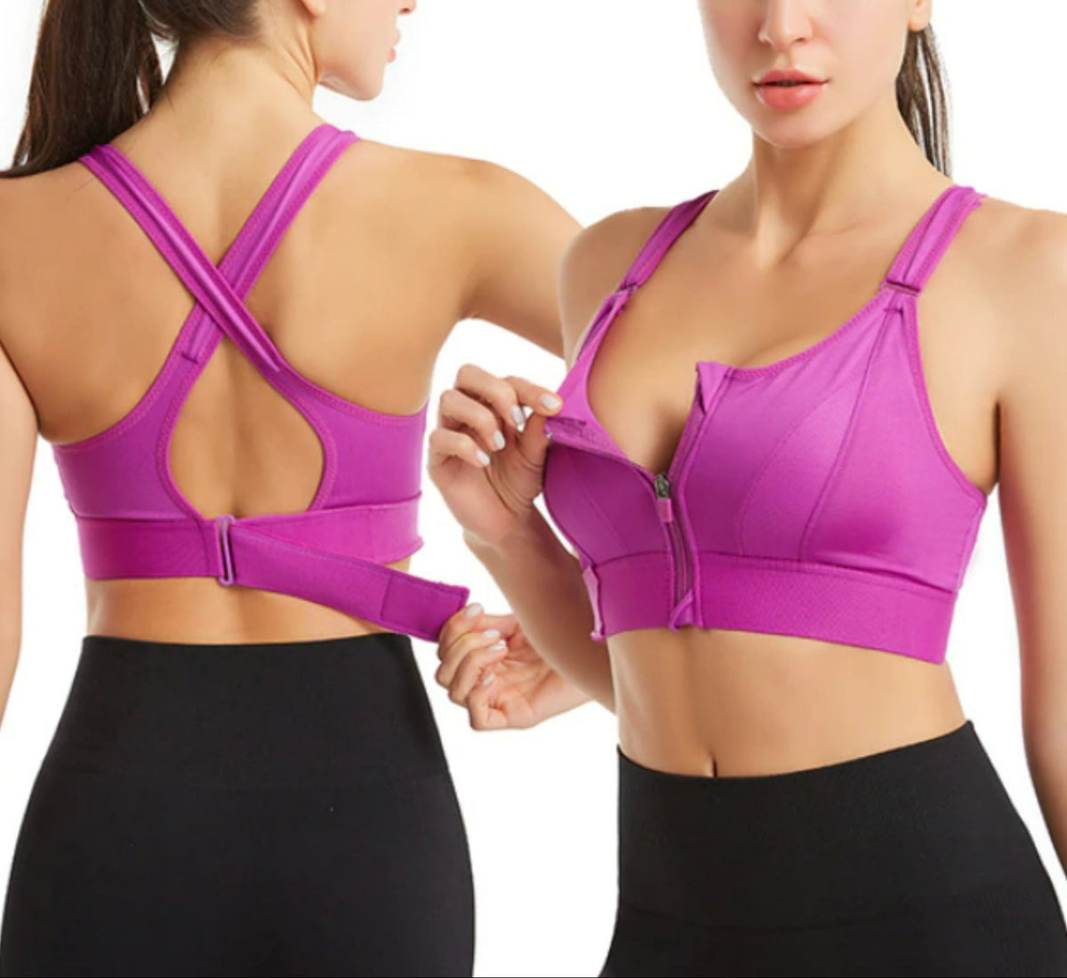 Women’s Sports Bra Cross Back Zip Front High Support Fit