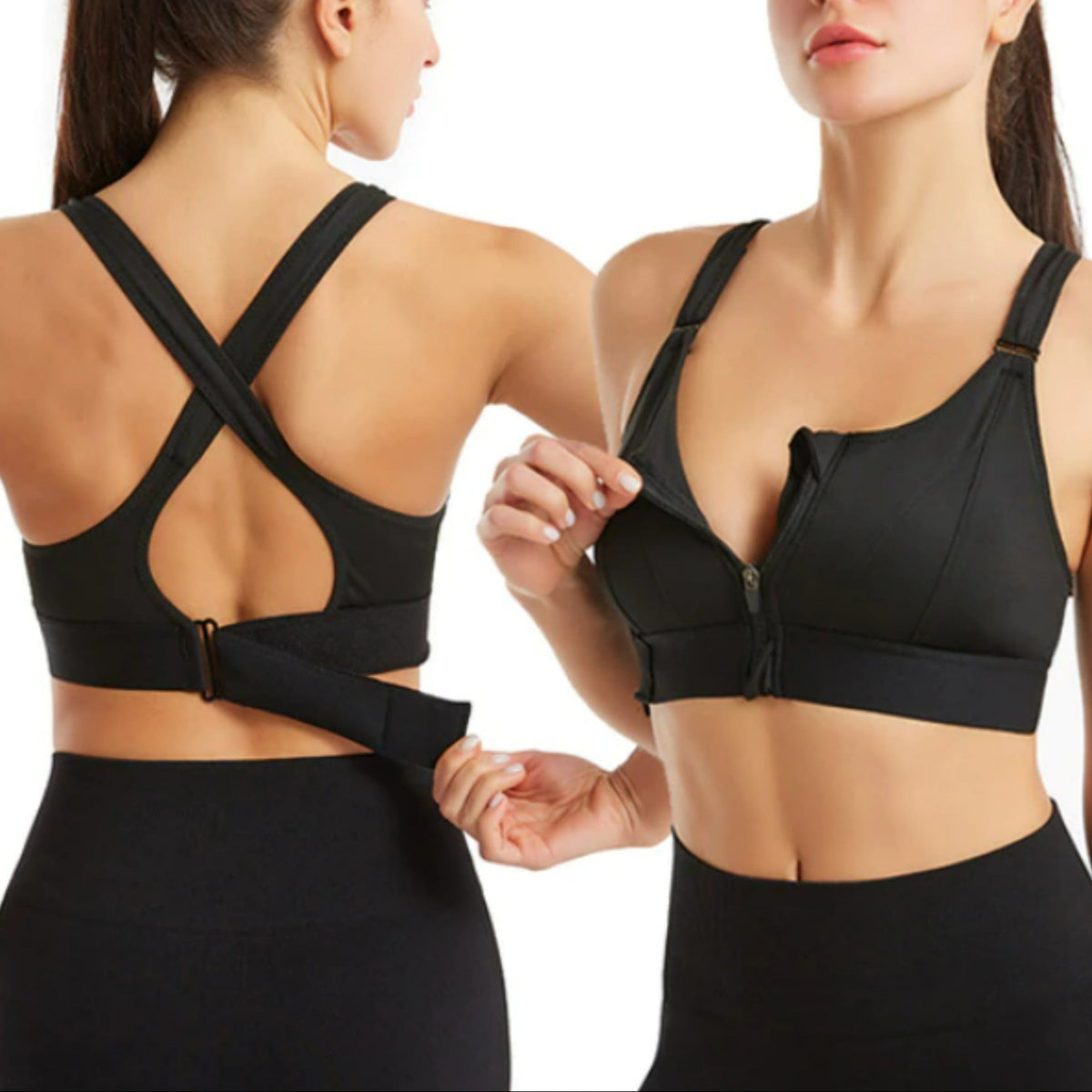 Women’s Sports Bra Cross Back Zip Front High Support Fit