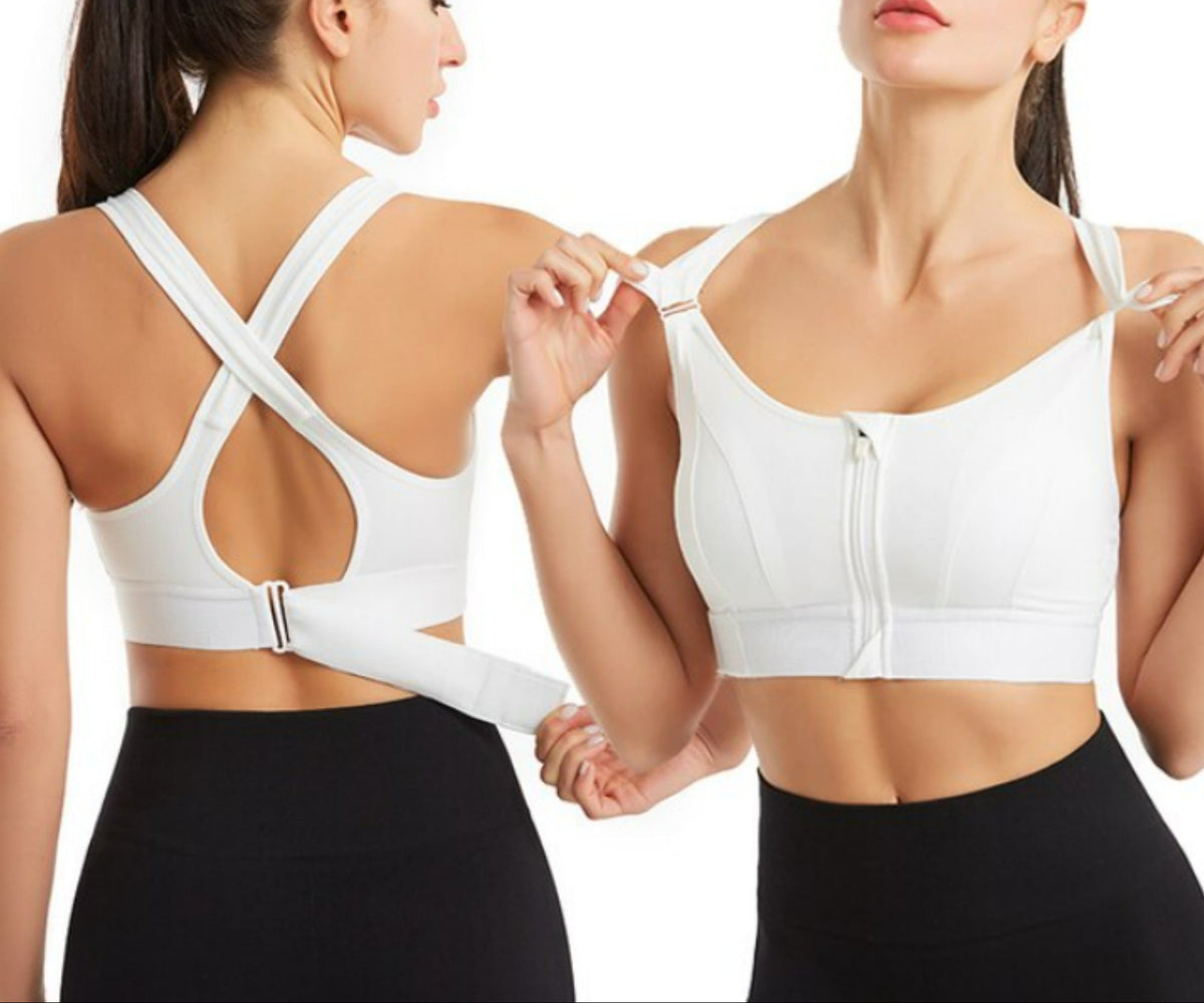 Women’s Sports Bra Cross Back Zip Front High Support Fit