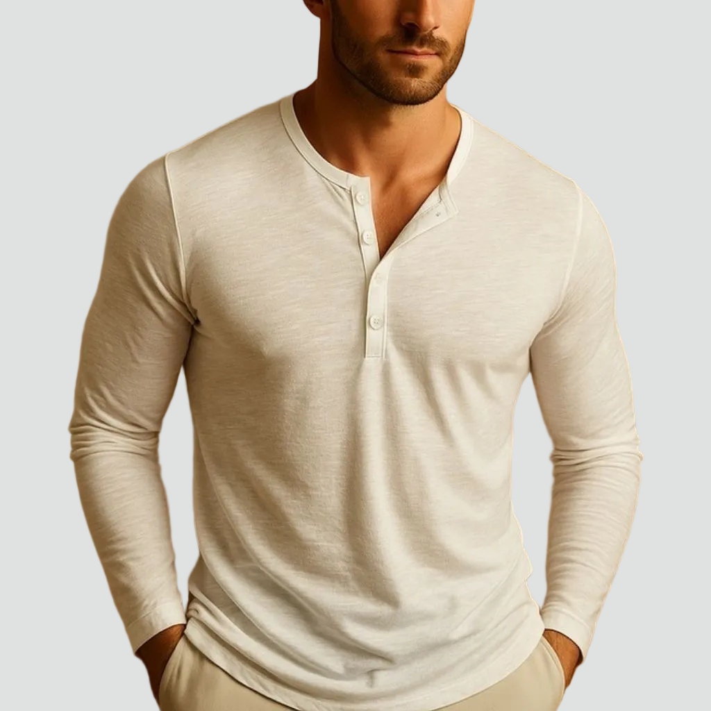 Cămașă casual pentru bărbați, croială slim, mânecă lungă, tip Henley