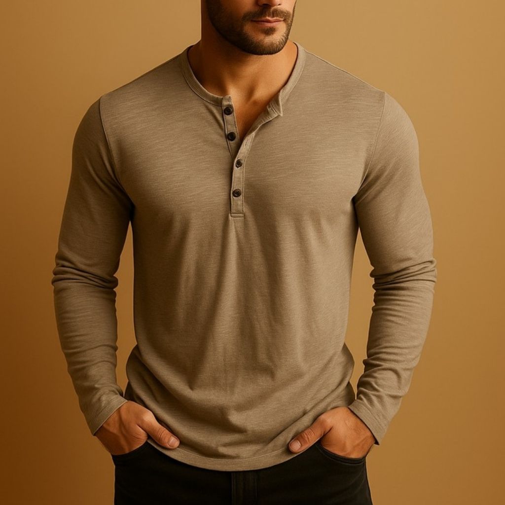 Cămașă casual pentru bărbați, croială slim, mânecă lungă, tip Henley