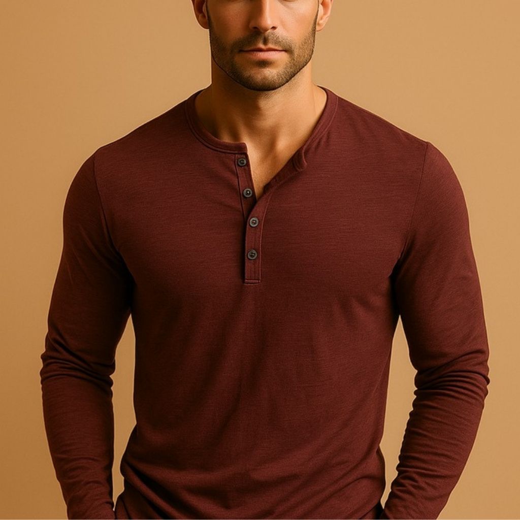 Cămașă casual pentru bărbați, croială slim, mânecă lungă, tip Henley
