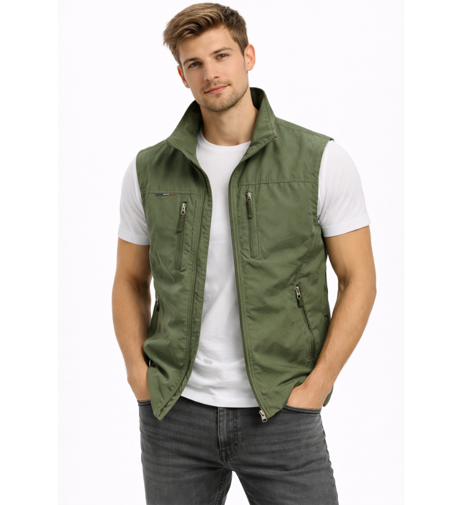 Chaleco exterior para hombre con cremallera frontal y cuello alto