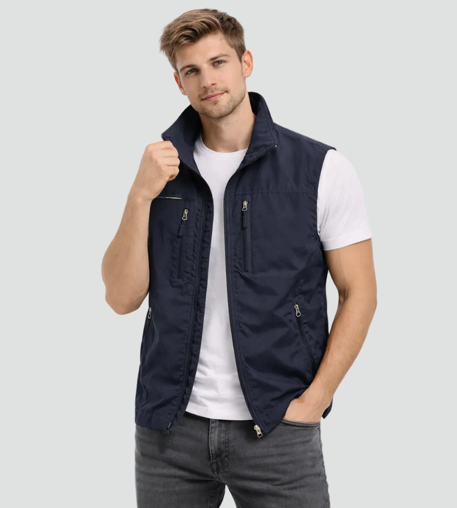 Chaleco exterior para hombre con cremallera frontal y cuello alto