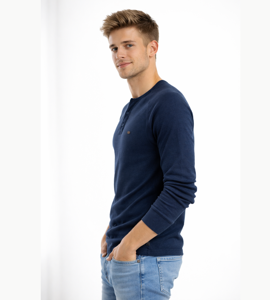 Camiseta Henley para hombre, manga larga, cuello con botones, casual