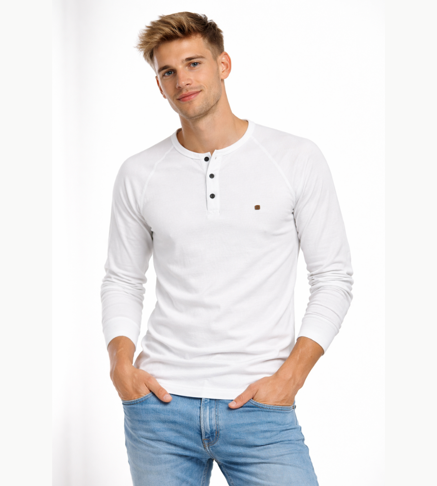 Camiseta Henley para hombre, manga larga, cuello con botones, casual
