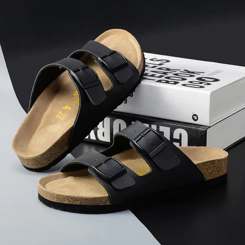 Men’s Sandals Double Buckle Cork Footbed Casual Summer Slides