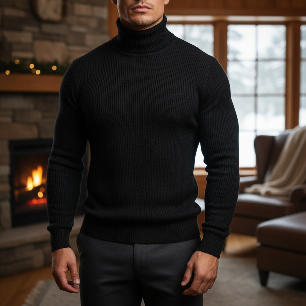 Men’s Fine Gauge Turtleneck Sweater with Ribbed Finishes