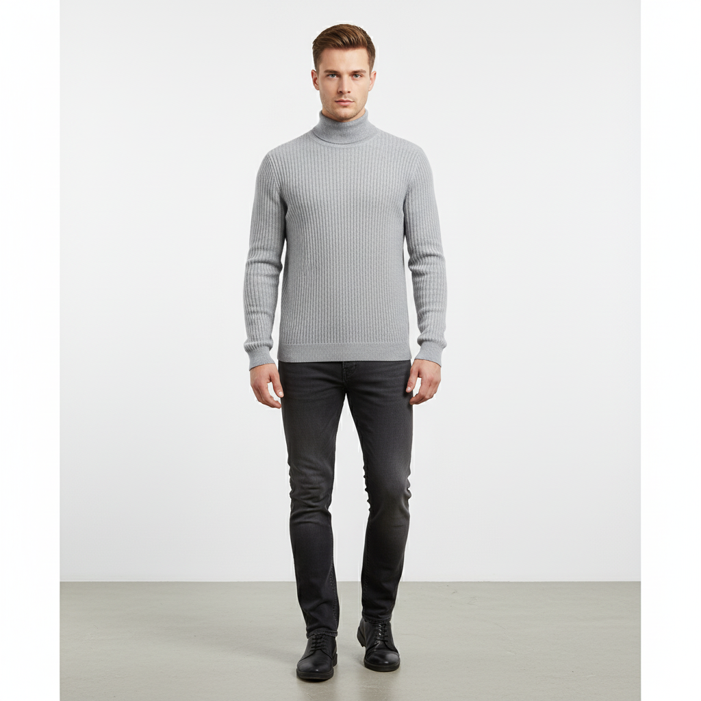 Men’s Fine Gauge Turtleneck Sweater with Ribbed Finishes