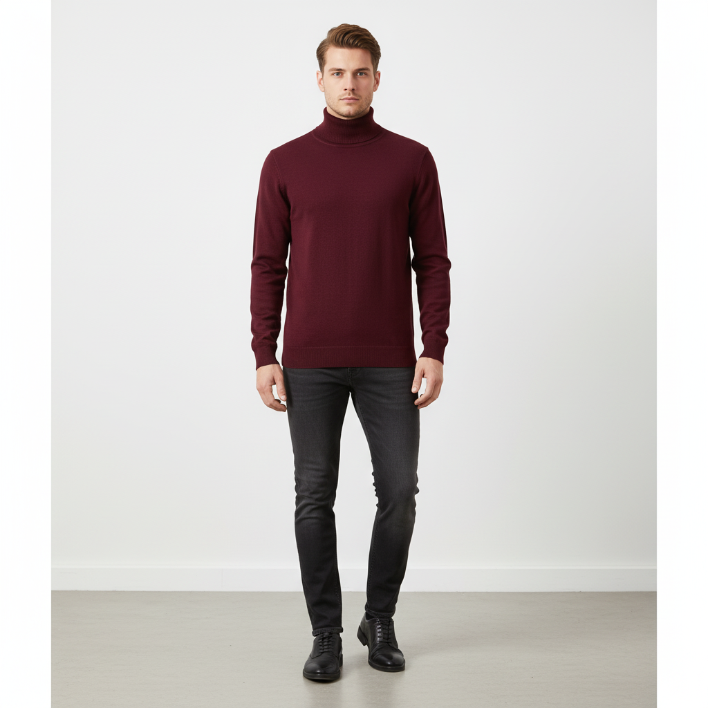 Men’s Fine Gauge Turtleneck Sweater with Ribbed Finishes