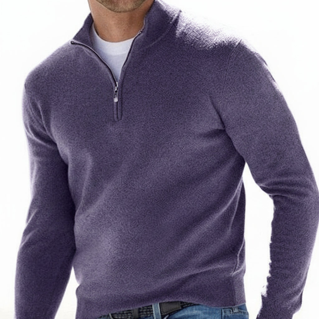 Suéter de punto fino para hombre con cremallera hasta el cuello y cuello acanalado