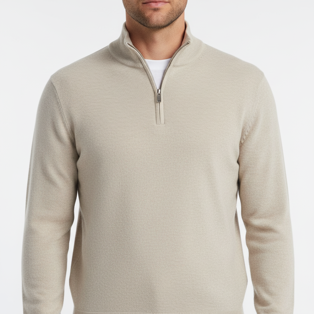 Suéter de punto fino para hombre con cremallera hasta el cuello y cuello acanalado