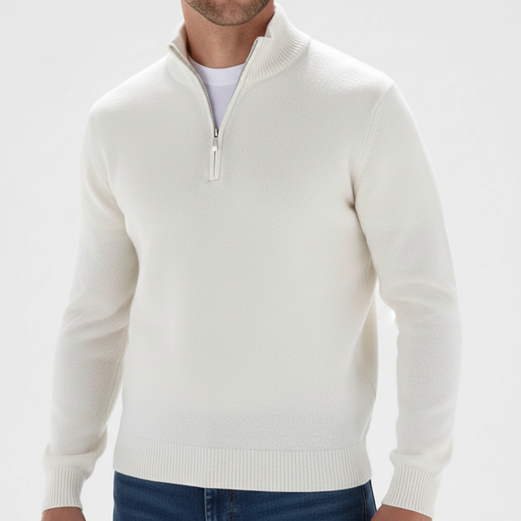 Suéter de punto fino para hombre con cremallera hasta el cuello y cuello acanalado