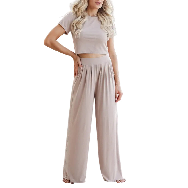 Women’s Relaxed Two-Piece Loungewear Set – Cropped T-Shirt and Wide-Leg Trousers for Summer