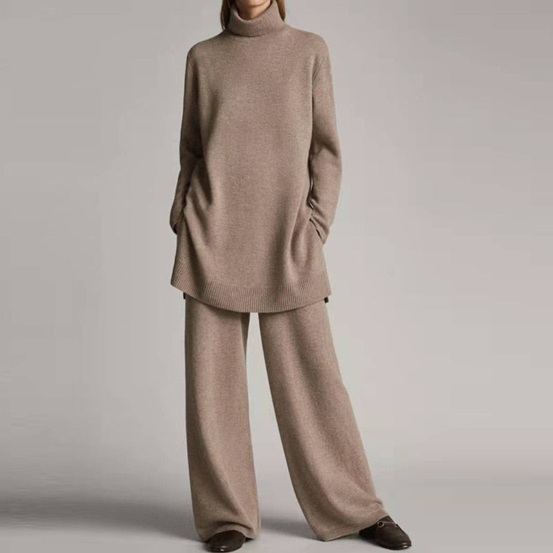 Women’s Relaxed Turtleneck Set – Stretch Cotton Blend Wide-Leg Loungewear for Autumn and Winter