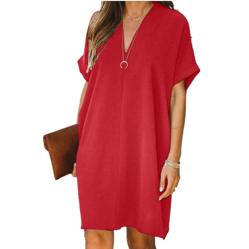 Vestido túnica relajado para mujer con cuello en V, ajuste suelto y minimalista