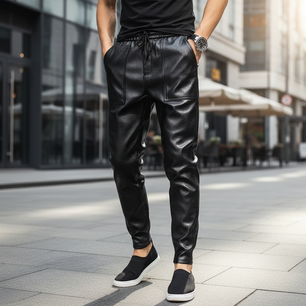 Męskie spodnie ze sztucznej skóry – zwężane spodnie ze sznurkiem do noszenia na co dzień w stylu smart casual