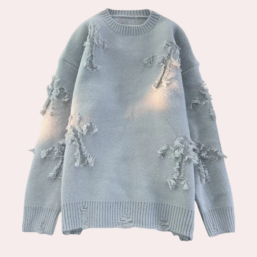 Męski oversize'owy sweter z nadrukiem i prążkowanym okrągłym dekoltem
