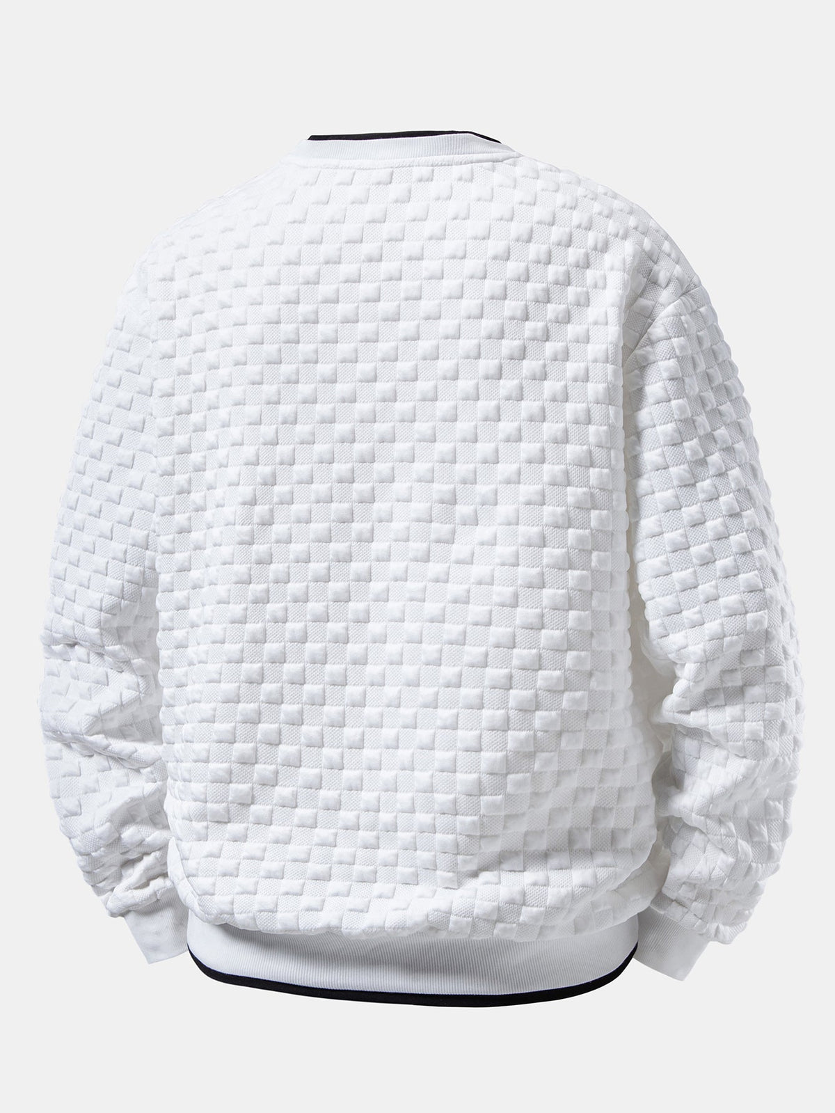 Sweatshirt til mænd i jacquard med hævet skakternet mønster – afslappet pasform, tekstureret rund hals, pullover med lagdelt halsudskæring og ribkanter