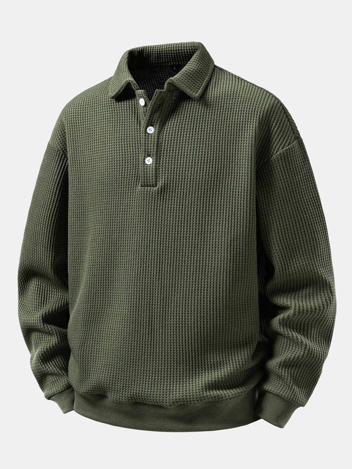 Men’s Waffle Textured Polo Sweatshirt with Button Collar – Relaxed Fit Long Sleeve Casual Pullover for Everyday Wear