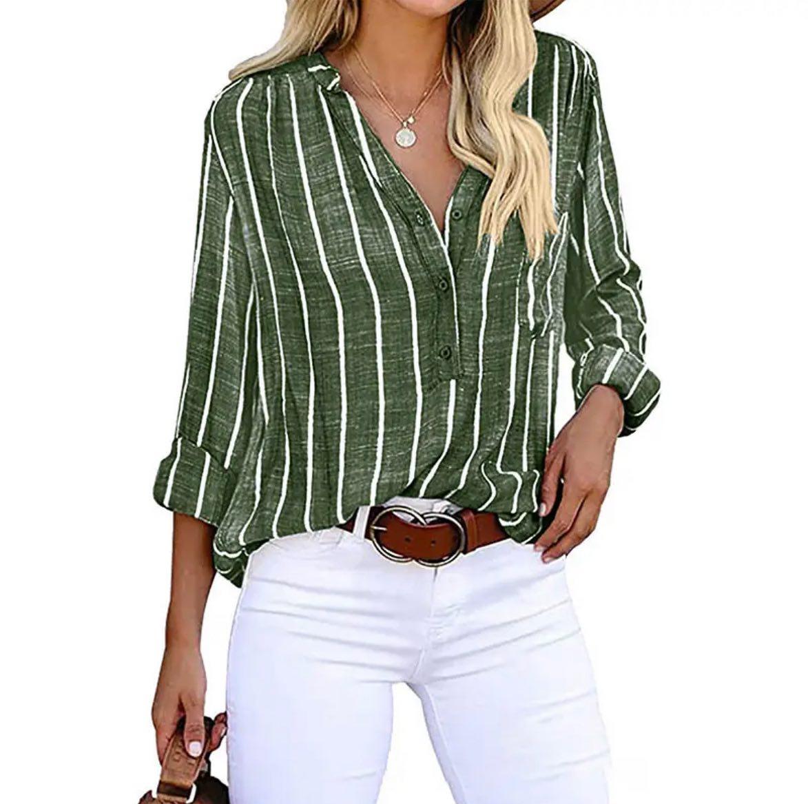 Women’s Printed Roll Sleeve Button Front V-Neck Blouse