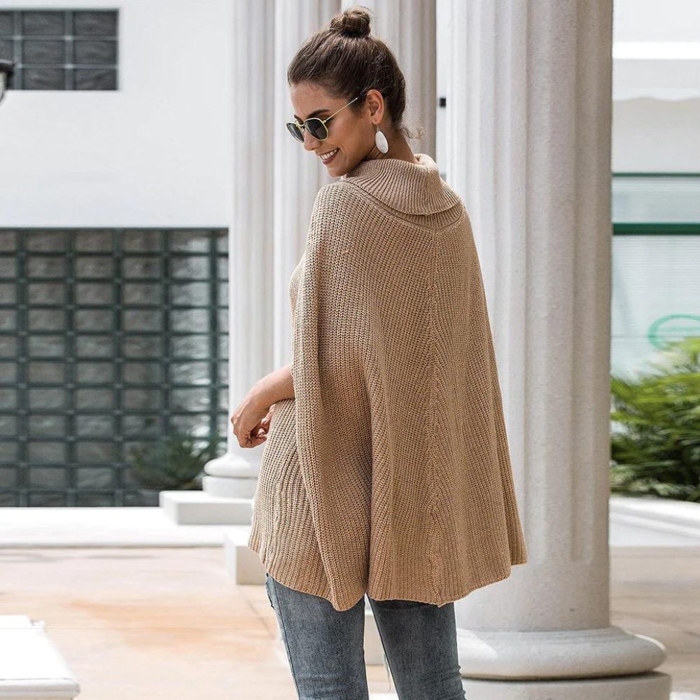 Women’s Roll-Neck Knit Poncho Sweater – Relaxed Cape-Style Layer for Cooler Days