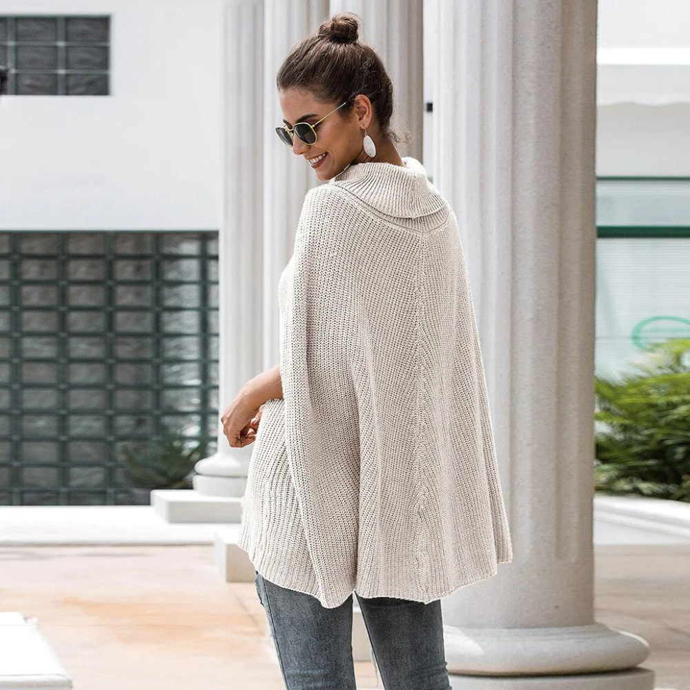 Women’s Roll-Neck Knit Poncho Sweater – Relaxed Cape-Style Layer for Cooler Days