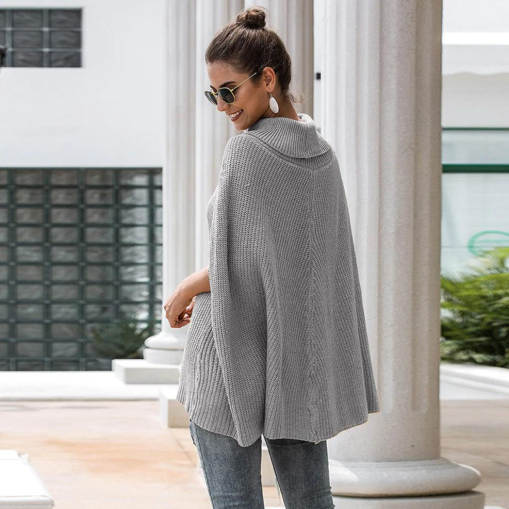 Women’s Roll-Neck Knit Poncho Sweater – Relaxed Cape-Style Layer for Cooler Days