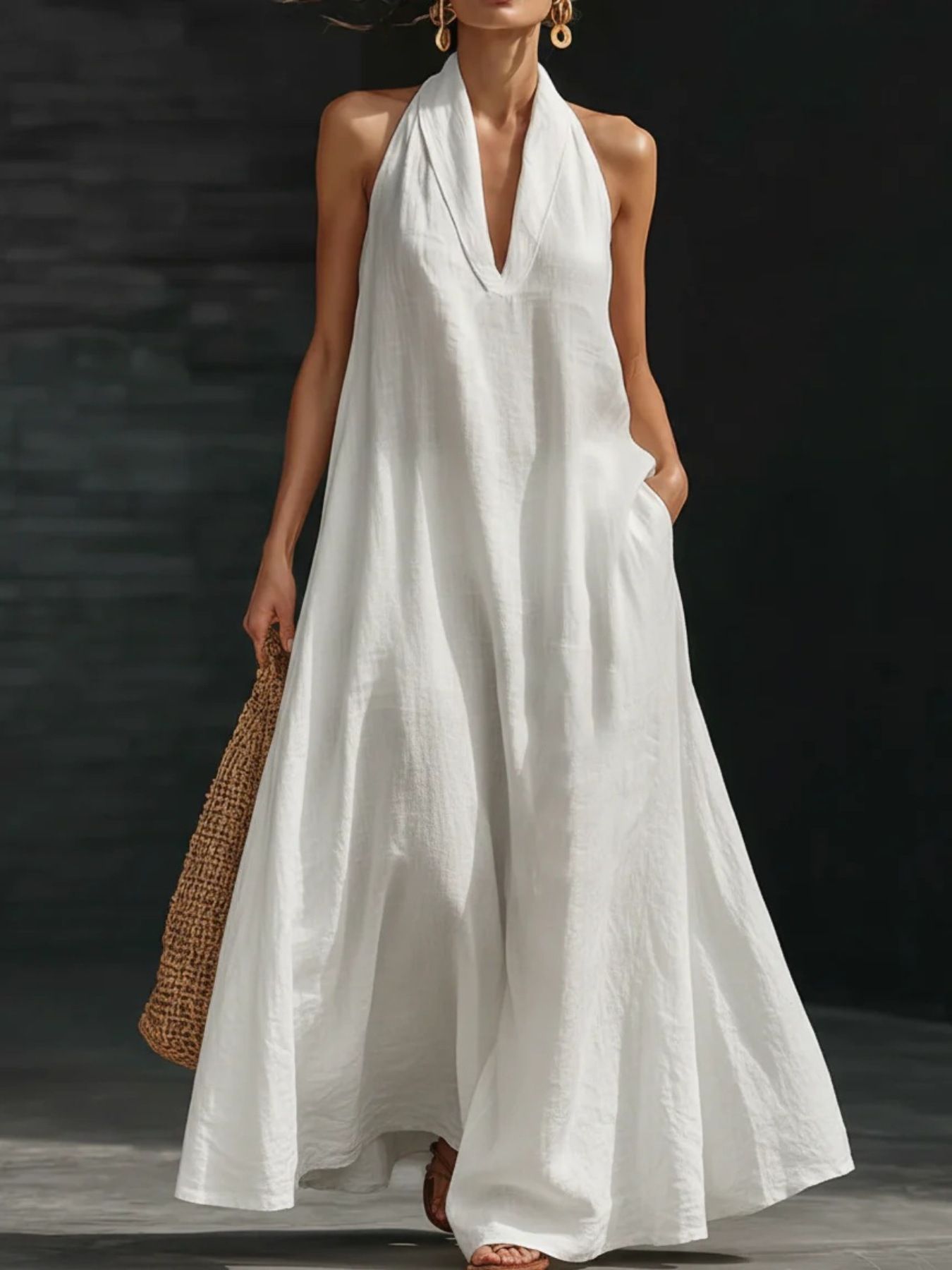 Abito lungo da donna con scollo all'americana e gonna a linea ad A fluente