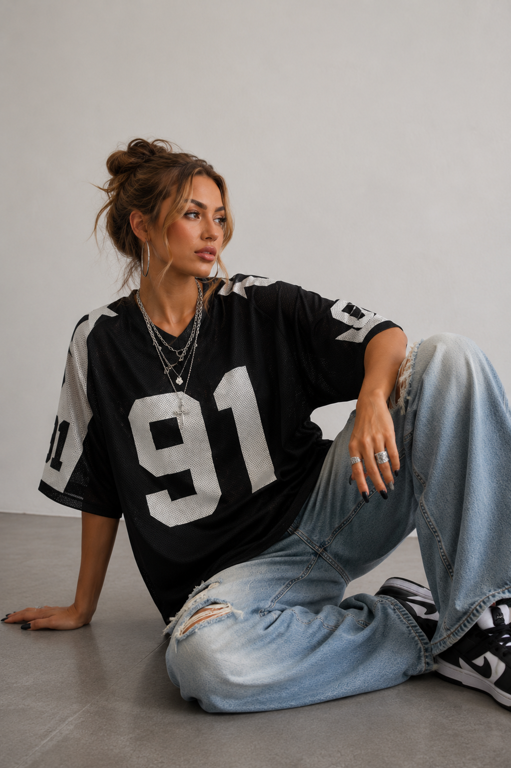 Camiseta de jersey extragrande para mujer, top deportivo de malla estampada