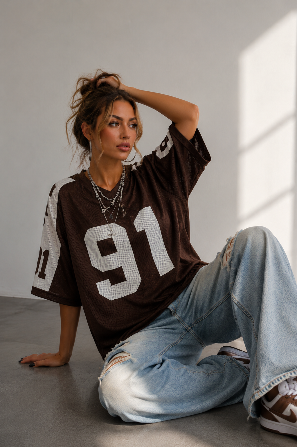 Camiseta de jersey extragrande para mujer, top deportivo de malla estampada
