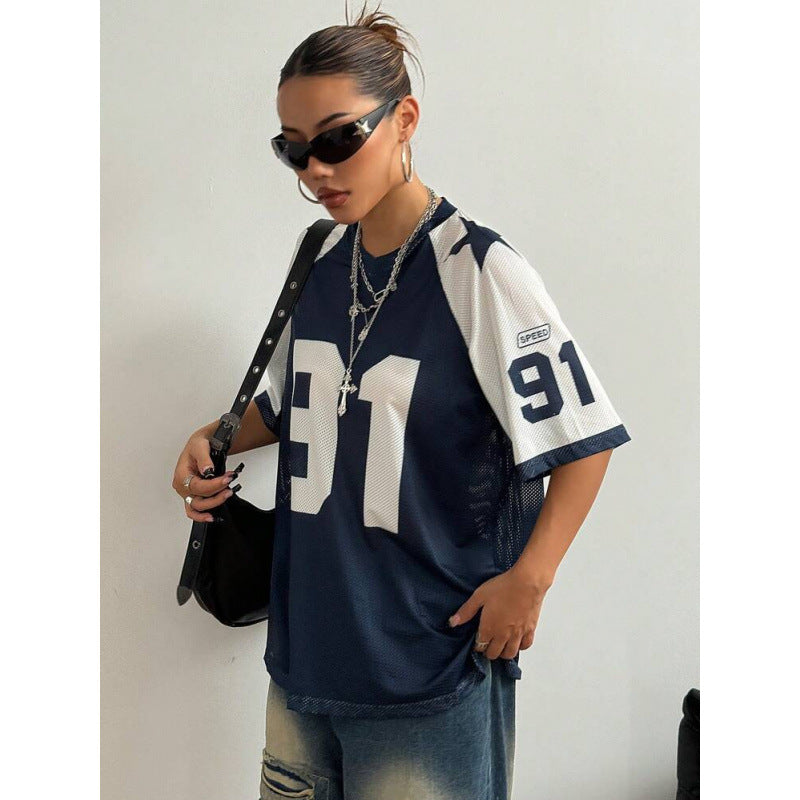 Camiseta de jersey extragrande para mujer, top deportivo de malla estampada