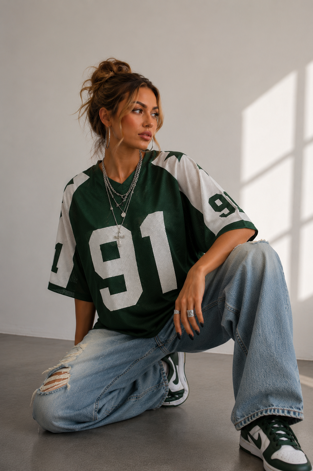 Camiseta de jersey extragrande para mujer, top deportivo de malla estampada
