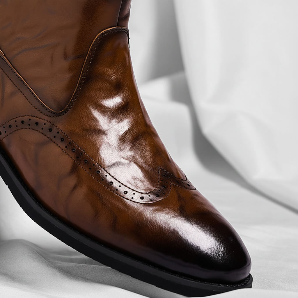 Botins de homem em pele italiana com brogues – calçado elegante e engraxado para um estilo casual de negócios e para a noite