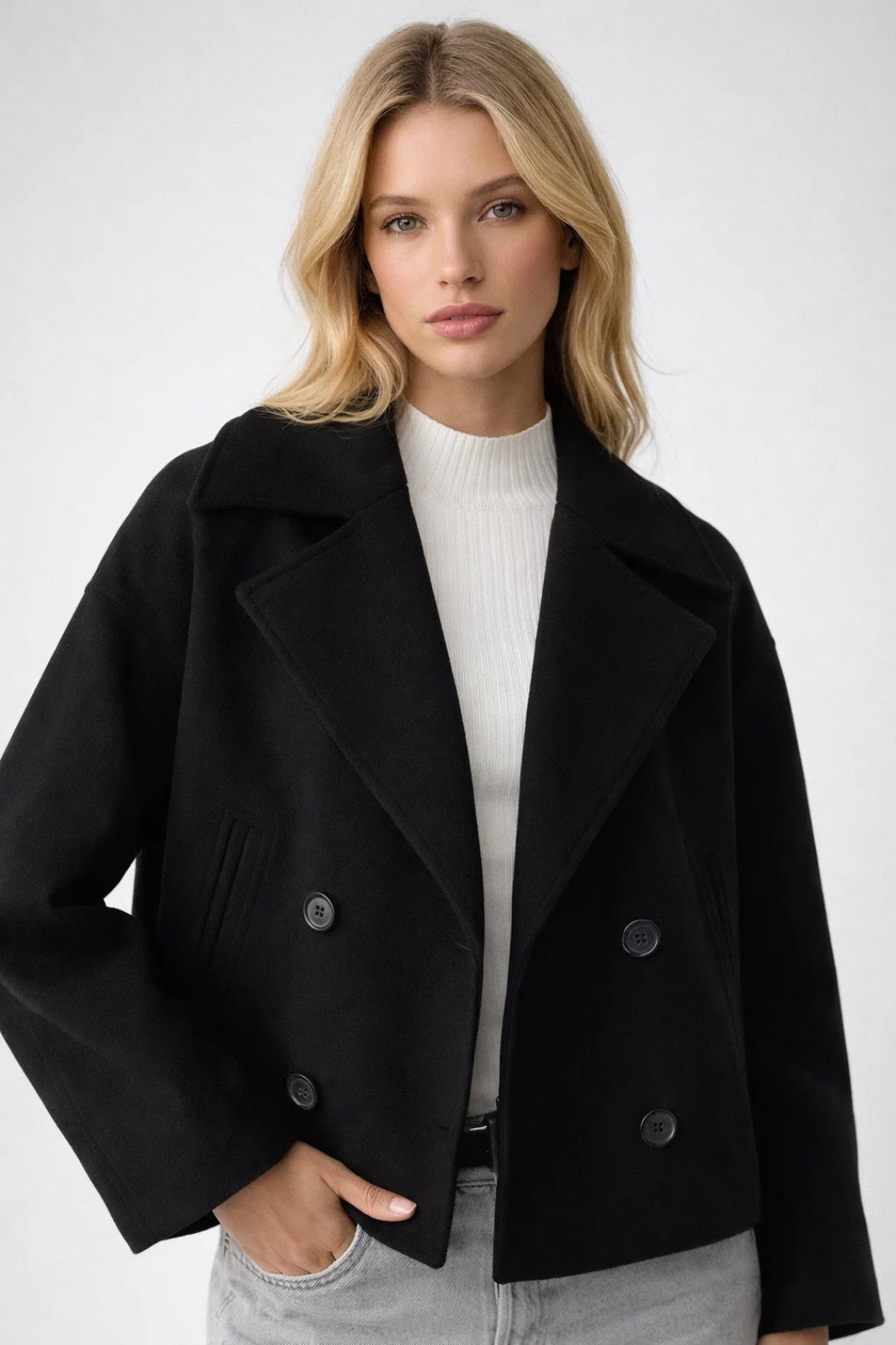 Damski Oversize Krótki Płaszcz Dwurzędowy – Klasyczna Stylowa Elegancka Odzież Wierzchnia Casual