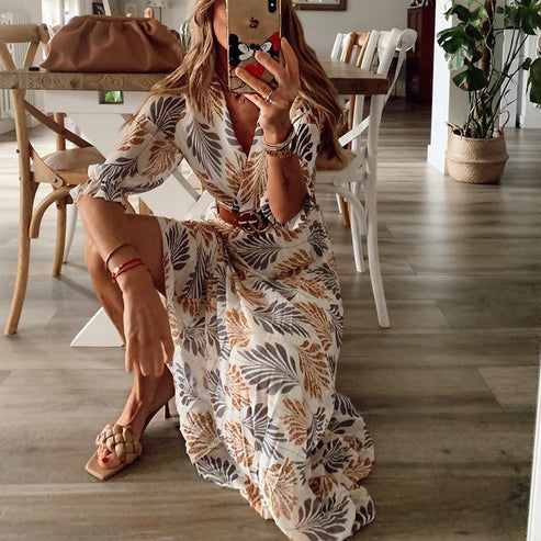 Women’s Printed Maxi Dress Button Front Belted Waist Flowing Casual Summer Style