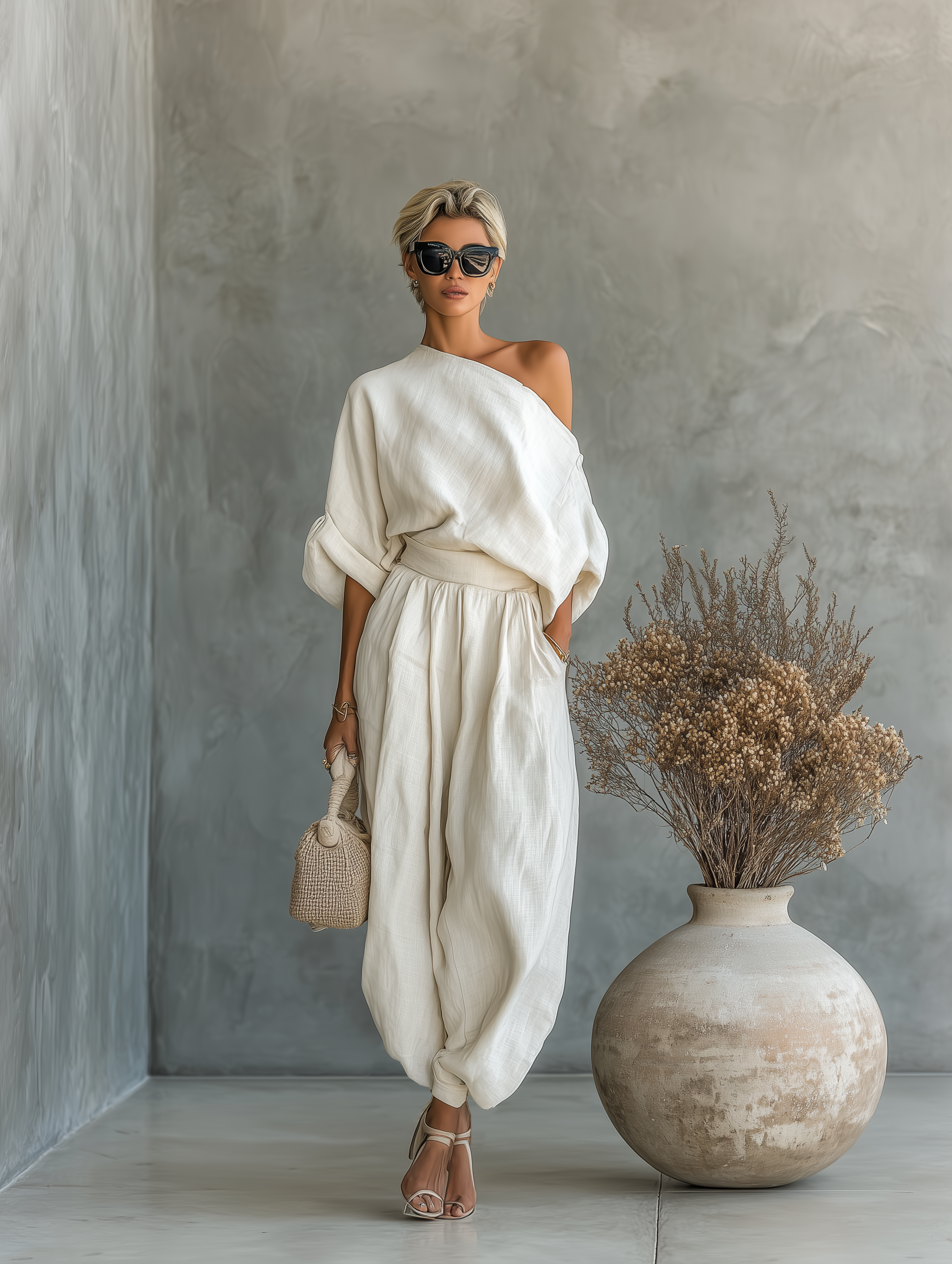 Completo da donna con top drappeggiato monospalla e pantaloni comodi